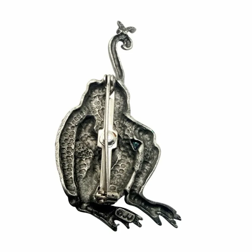 Vintage JJ Jonette Jewelry Green Enamel Frog Catching Fly Brooch